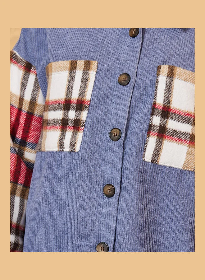 Styli Contrast Checked Pattern Oversized Longline Corduroy Shirt