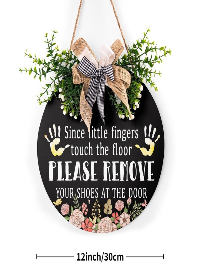 Harooni Since Little Fingers Touch Our Floor Sign Leave Your Shoes At The Door Wood Plaque with Buffalo Check Plaid Bow 12in Shoes Off Sign for All Seasons Farmhouse Home Front Porch Door Decoration - Image 2