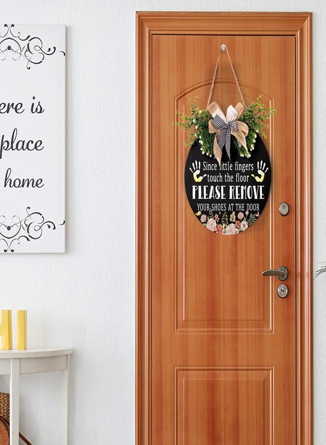 Harooni Since Little Fingers Touch Our Floor Sign Leave Your Shoes At The Door Wood Plaque with Buffalo Check Plaid Bow 12in Shoes Off Sign for All Seasons Farmhouse Home Front Porch Door Decoration - Image 5