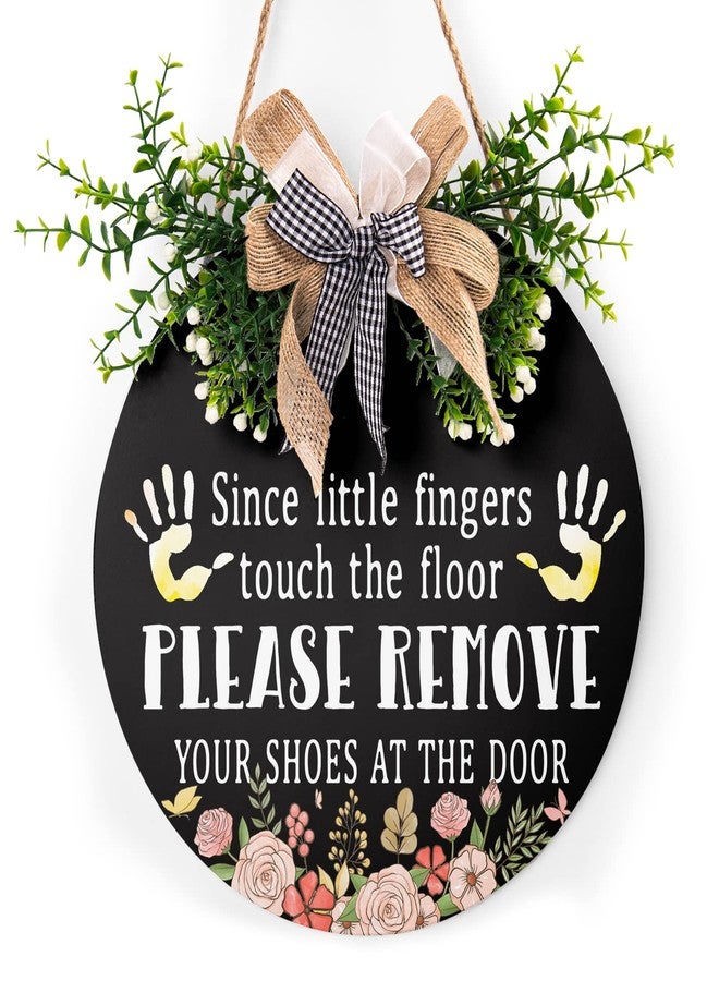 Harooni Since Little Fingers Touch Our Floor Sign Leave Your Shoes At The Door Wood Plaque with Buffalo Check Plaid Bow 12in Shoes Off Sign for All Seasons Farmhouse Home Front Porch Door Decoration - Image 1