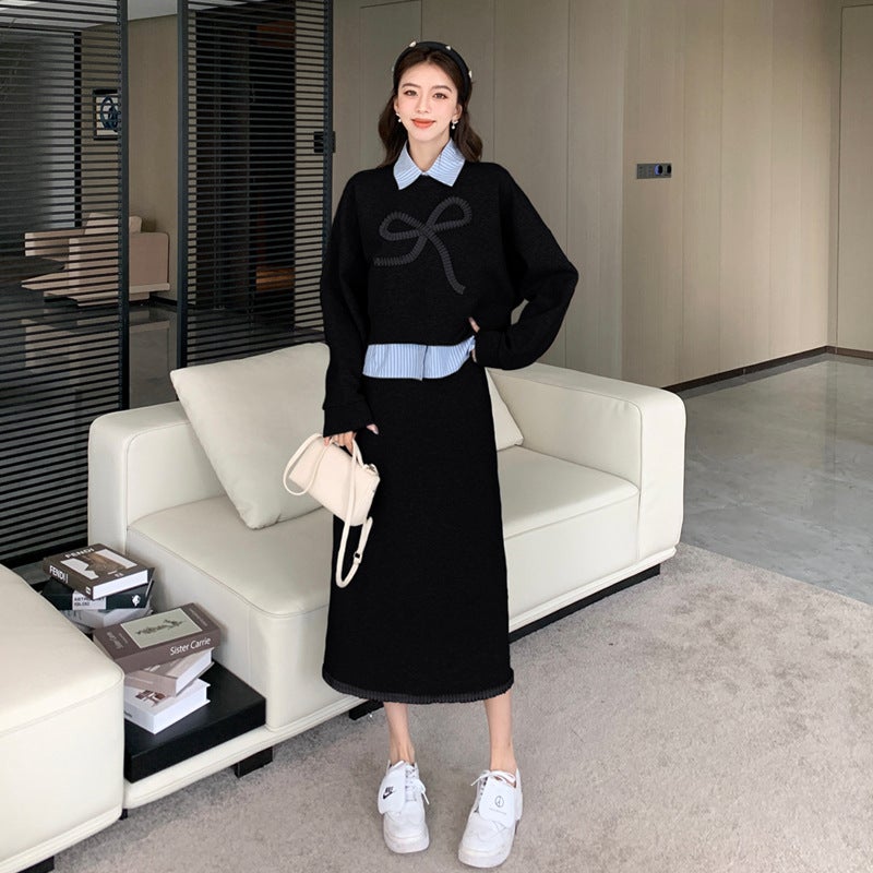 2024 Autumn and Winter New Korean Style Casual Elegant Age-reducing Sweatshirt Skirt Shirt Three-piece Set for Women Black long style