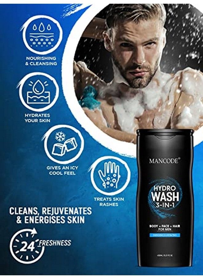 MAN CODE - Hydro Body Wash 3 In 1 Body Wash ; Face Wash ; Hair Shampoo ; Energizing & Hydrating Refreshing Deep Cleansing Neem Aloe Vera Vegetable Glycerin 450 Ml Shower Gel For Men (Pack Of 1) - Image 1