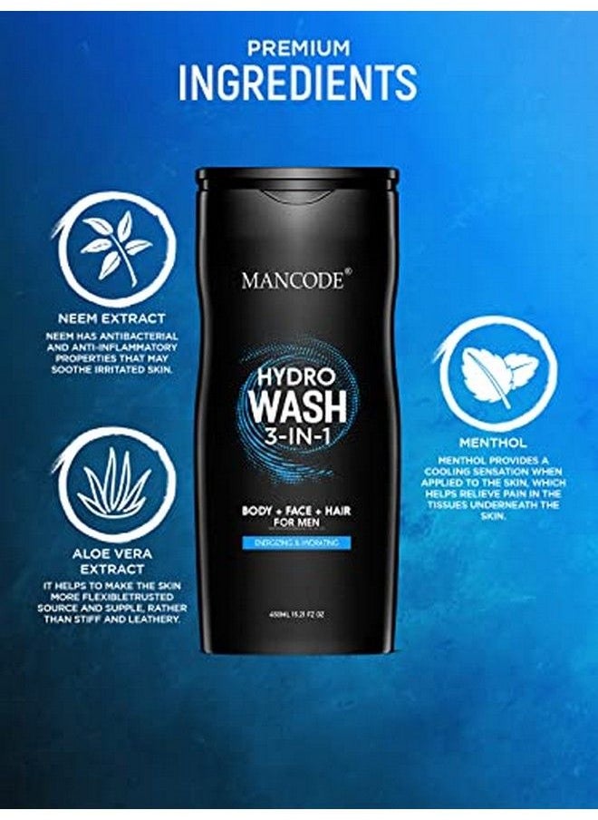 MAN CODE - Hydro Body Wash 3 In 1 Body Wash ; Face Wash ; Hair Shampoo ; Energizing & Hydrating Refreshing Deep Cleansing Neem Aloe Vera Vegetable Glycerin 450 Ml Shower Gel For Men (Pack Of 1) - Image 1