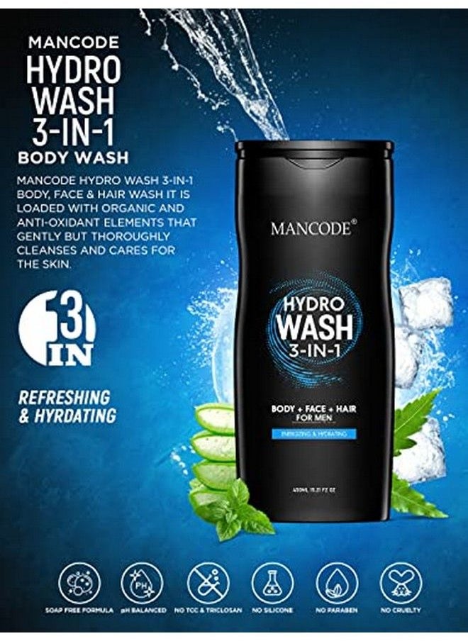 MAN CODE - Hydro Body Wash 3 In 1 Body Wash ; Face Wash ; Hair Shampoo ; Energizing & Hydrating Refreshing Deep Cleansing Neem Aloe Vera Vegetable Glycerin 450 Ml Shower Gel For Men (Pack Of 1) - Image 1