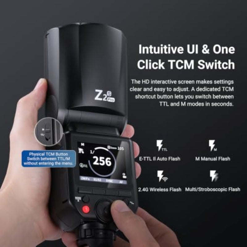 Z2PRO-S 2.4G TTL Round Head Flash Speedlite متوافق مع Sony، لاسلكي متوافق مع Godox، 76Ws 1/8000s HSS، واجهة مستخدم مطورة، مفتاح TTL/M TCM، بطارية 7.2 فولت/3000 مللي أمبير، 600 فلاش طاقة كاملة - Image 4