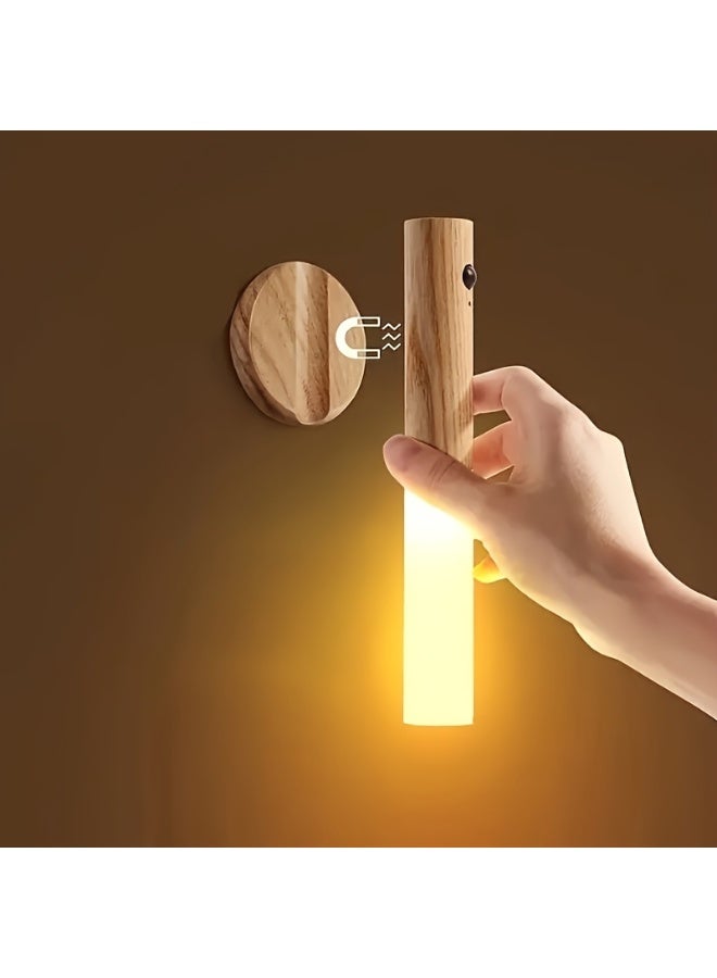 Smart LED Motion Sensor Night Light – USB Rechargeable, Magnetic Wooden-Style Wall Lamp | Human Body Induction, Detachable & Wireless Design, Can Be Handheld or Hung | Ideal for Hallway, Closet, Bedroom, Bathroom, Stairs ﻿ - Image 1