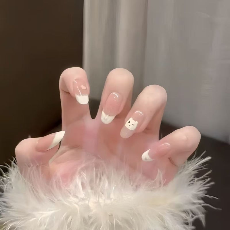 【Yangzhi Ganlu】Handmade Manicure Wearable Nails Medium Oval Gradient Cream Short Oval Advanced Pure Desire Fake Nails - Image 1