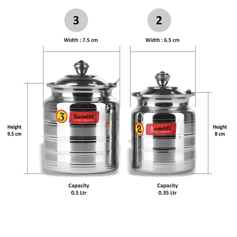 Sumeet Stainless Steel Pot Set for ghee, oil with lid and spoon to scoop out 2 Piece combo of 350ml, 500ml, (Steel) - Image 2