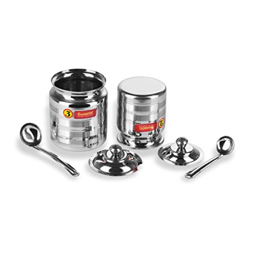 Sumeet Stainless Steel Pot Set for ghee, oil with lid and spoon to scoop out 2 Piece combo of 350ml, 500ml, (Steel) - Image 1