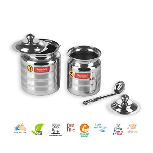 Sumeet Stainless Steel Pot Set for ghee, oil with lid and spoon to scoop out 2 Piece combo of 350ml, 500ml, (Steel) - Image 3