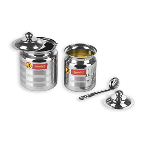Sumeet Stainless Steel Pot Set for ghee, oil with lid and spoon to scoop out 2 Piece combo of 350ml, 500ml, (Steel) - Image 4