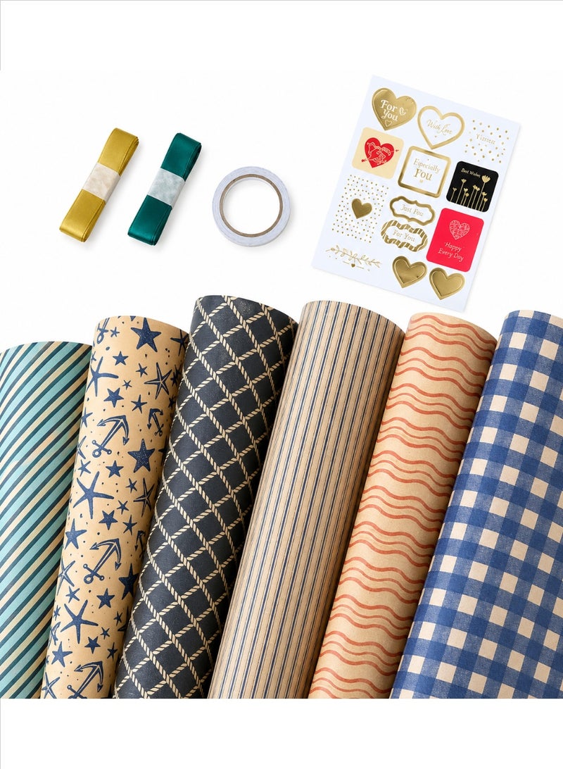ColaBear Gift Wrapping Paper Set, 6 Sheets 70cm x 50cm Kraft Paper with Double-Sided Tape, Rope & Stickers, Retro Geometric Design for Birthday, Wedding, Holiday, DIY Gift Wrapping for Men & Women - Image 2