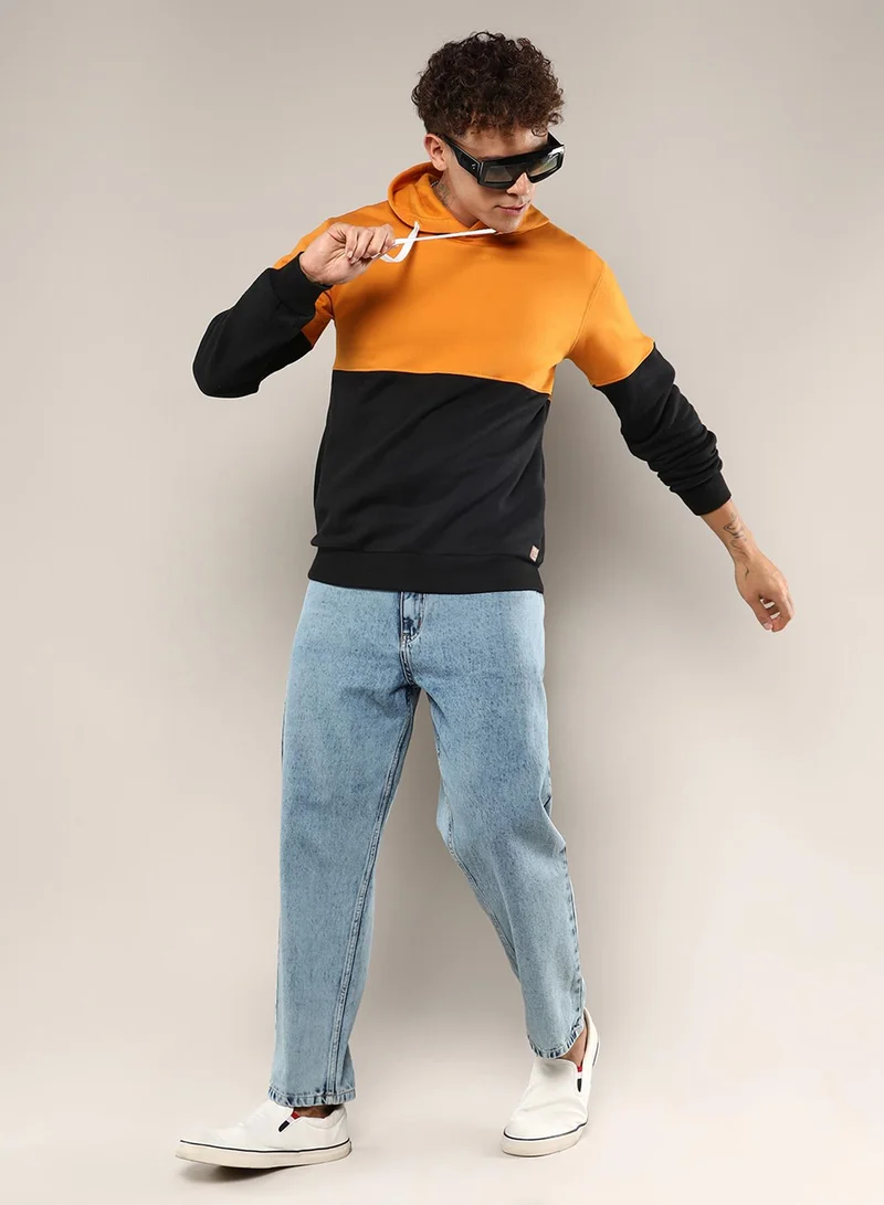 كامبوس سوترا Men's Mustard Yellow & Onyx Black Contrast Panel Hoodie