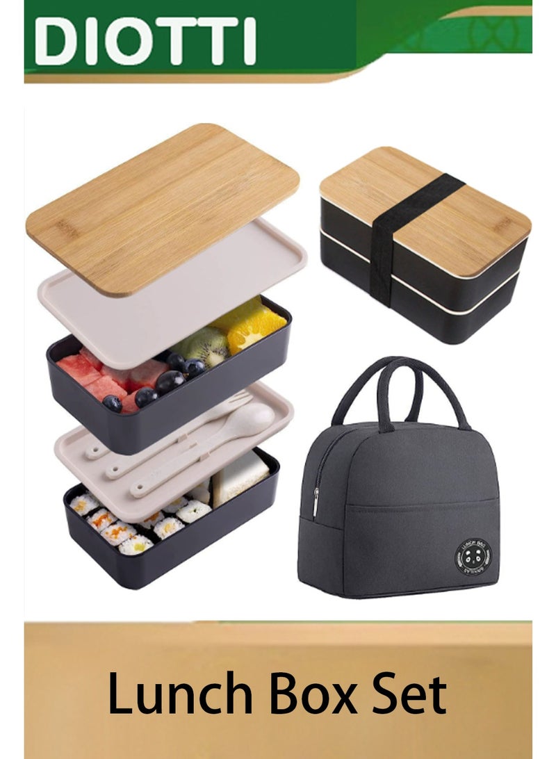 DIOTTI Bento Lunch Box Set with Bag, Stackable Leak-Proof Lunch Boxes with Bamboo Lid, Microwave & Dishwasher Safe Food Container with Cutlery - Image 1