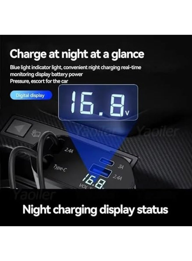 شاحن سيارة قابل للسحب من يو شوب بقوة 120 واط، مزود بمنفذي USB-A و USB-C وكابل مدمج (USB-C/Lightning)، يدعم الشحن السريع، وشاشة LED رقمية (فولت وواط)، 12 فولت/24 فولت