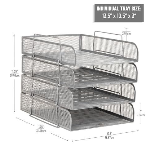 Mind Reader Stackable Paper Tray, Desktop Organizer, File Storage, Office, Metal Mesh, 10.5" L x 13.5" W x 11.25" H, 4 Pcs., Silver - Image 3