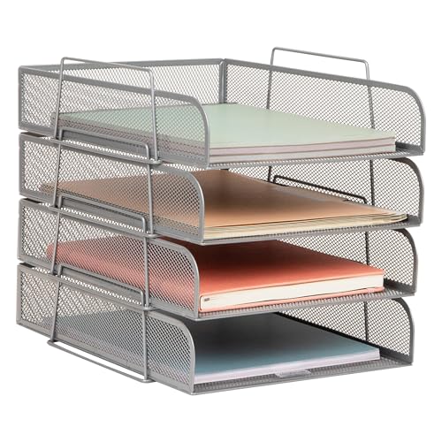 Mind Reader Stackable Paper Tray, Desktop Organizer, File Storage, Office, Metal Mesh, 10.5" L x 13.5" W x 11.25" H, 4 Pcs., Silver - Image 1