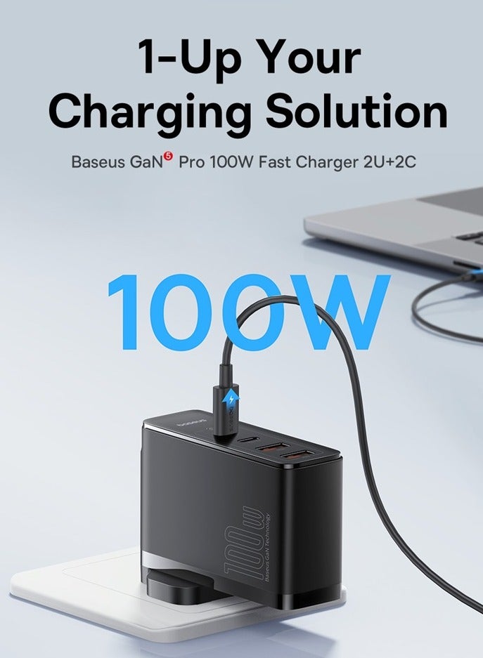 بيسوس شاحن سريع GaN5 Pro ثنائي النوع C ومنفذ USB مزدوج 100 وات مع كابل صغير من النوع C إلى النوع C بطول 1 متر أسود - Image 3