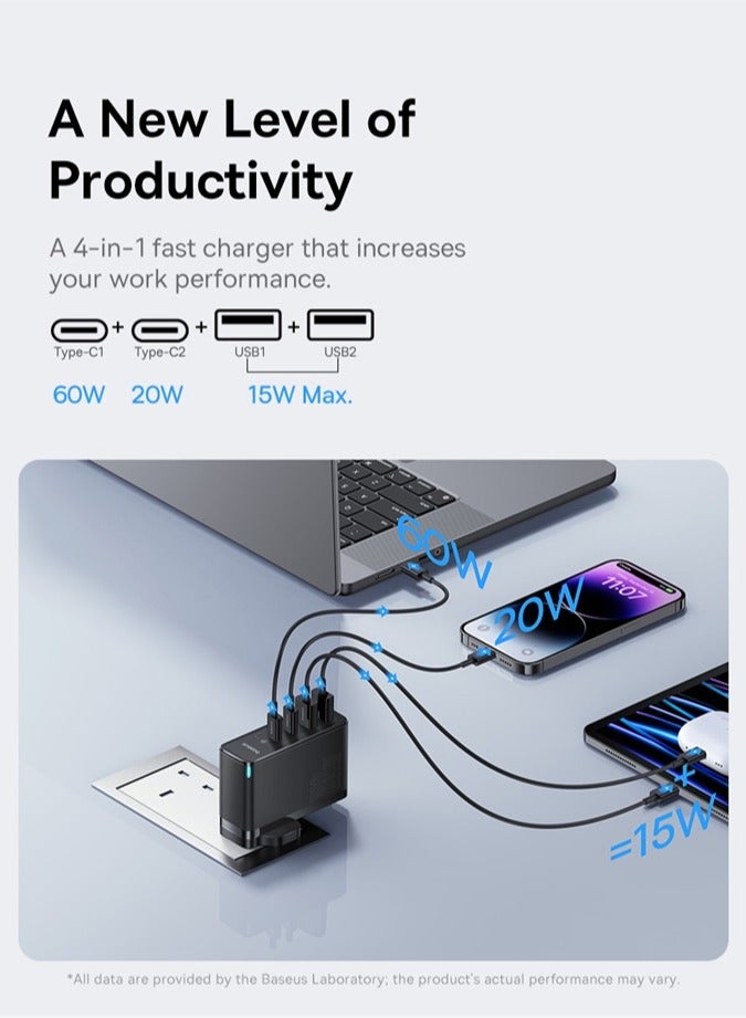 بيسوس شاحن سريع GaN5 Pro ثنائي النوع C ومنفذ USB مزدوج 100 وات مع كابل صغير من النوع C إلى النوع C بطول 1 متر أسود - Image 5