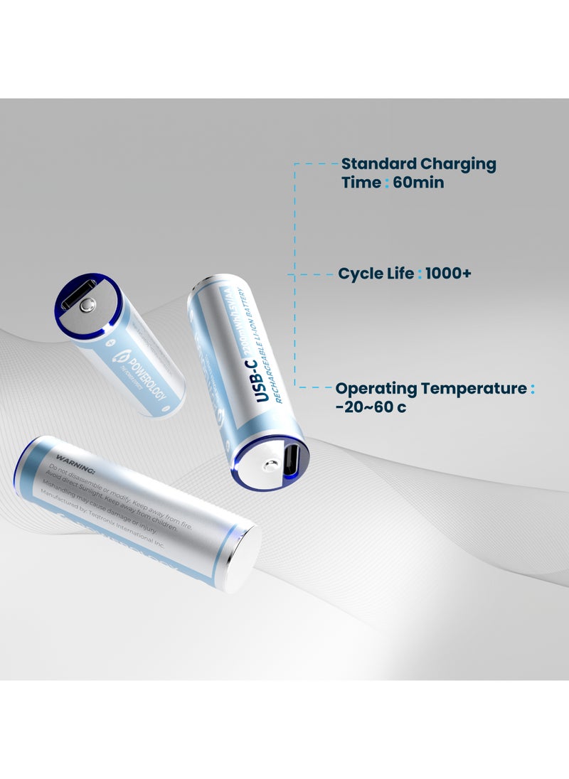 باورولوجي - بطارية ليثيوم AA قابلة لإعادة الشحن بمنفذ USB-C/ عبوة من 4 قطع/ وقت شحن قياسي 60 دقيقة/ سعة بطارية 1460 مللي أمبير/ طاقة بطارية 2200 مللي أمبير في الساعة/ تيار شحن 450 مللي أمبير - متعدد الألوان - Image 1