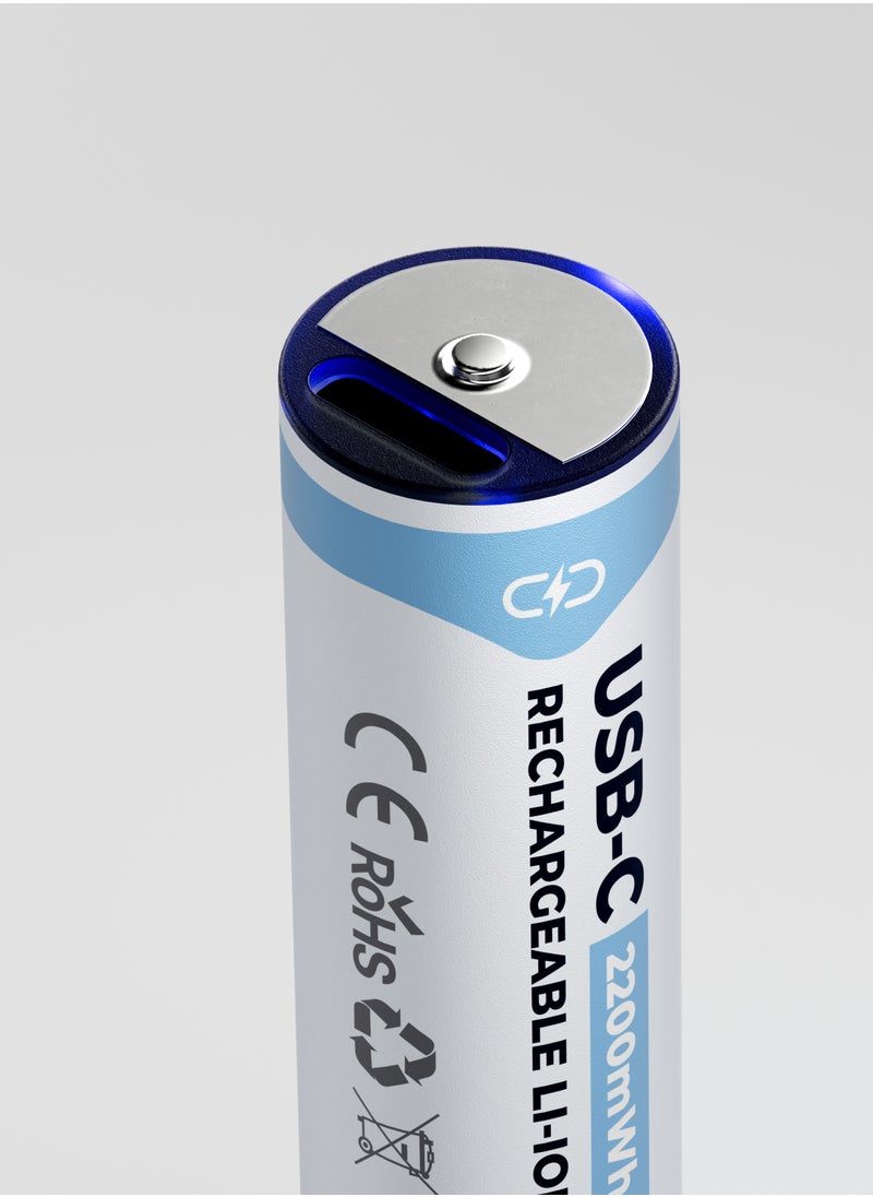 باورولوجي - بطارية ليثيوم AA قابلة لإعادة الشحن بمنفذ USB-C/ عبوة من 4 قطع/ وقت شحن قياسي 60 دقيقة/ سعة بطارية 1460 مللي أمبير/ طاقة بطارية 2200 مللي أمبير في الساعة/ تيار شحن 450 مللي أمبير - متعدد الألوان - Image 1
