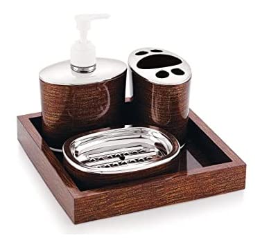 GLITZEN Classic 4 Piece Bathroom Accessory Set - Soap Dish, Hand Towel Tray, Tooth Brush/Paste Holder, Tumbler, Liquid Soap Dispenser,Bathrooms or Kitchen (Classic Wooden Finish-Brown) - Image 1
