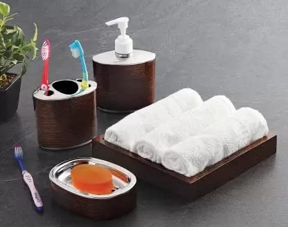 GLITZEN Classic 4 Piece Bathroom Accessory Set - Soap Dish, Hand Towel Tray, Tooth Brush/Paste Holder, Tumbler, Liquid Soap Dispenser,Bathrooms or Kitchen (Classic Wooden Finish-Brown) - Image 5