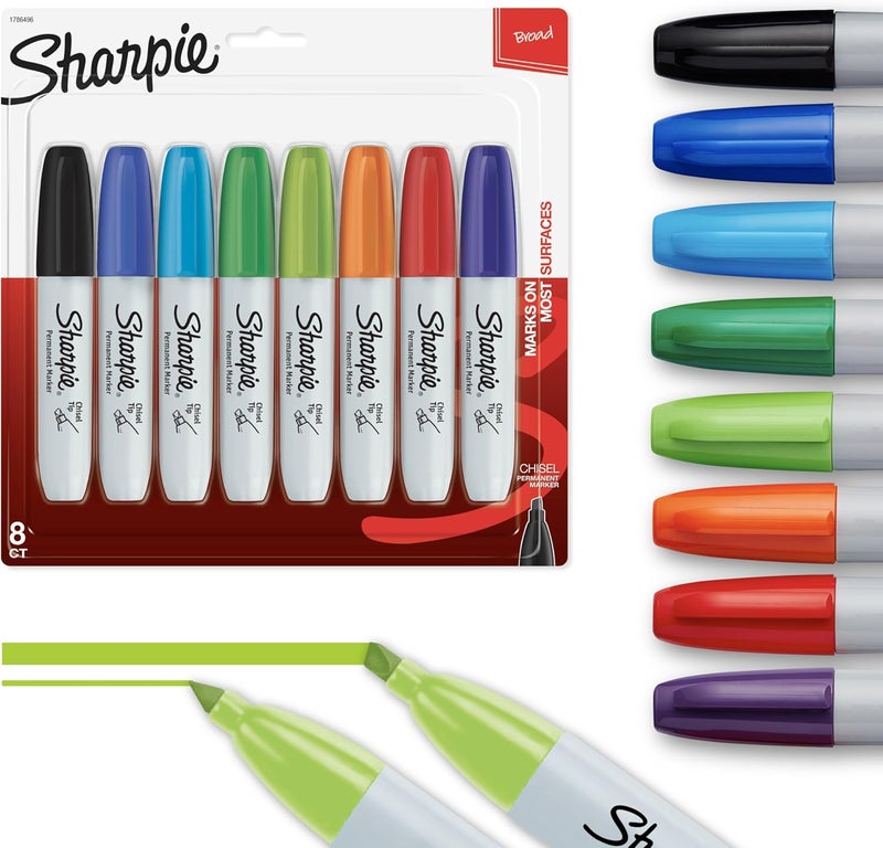 Sharpie Permanent Markers Chisel Tip Marker Set Poster Markers For Wood Plastic And More Assorted Colors 8 Count - Image 1