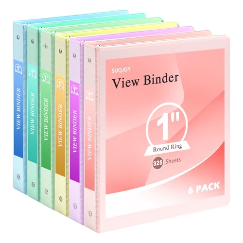 SUQJOY 1" 3-Ring Binder, 1-inch Pastel Color Binders with 2 Inside Pockets, Clear View Cover Binder Holds 8.5'' x 11''Paper, Round Ring Binders for Office/Home/School, 6 Pack (Assorted 6 Colors) - Image 1