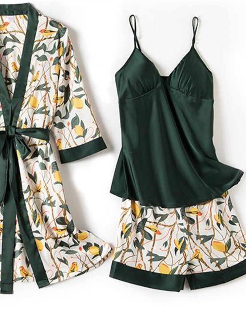 4pcs ice silk pajamas suspenders long sleeve thin silk printed pajamas set - Image 3