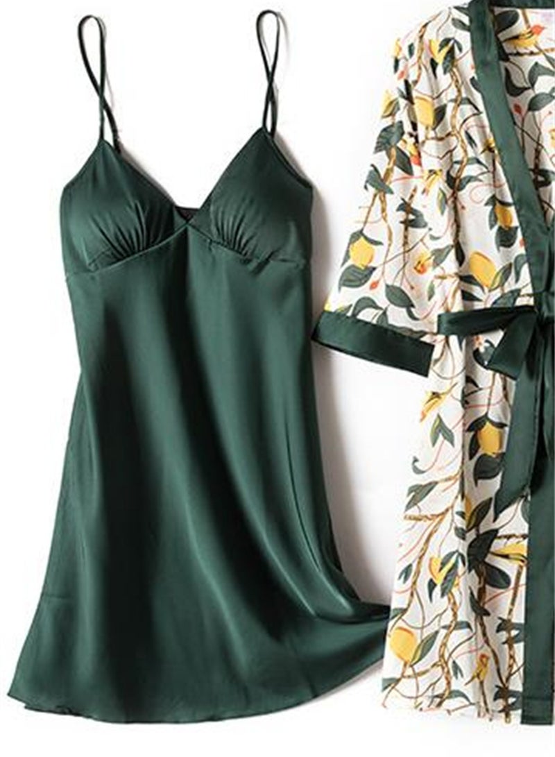 4pcs ice silk pajamas suspenders long sleeve thin silk printed pajamas set - Image 2