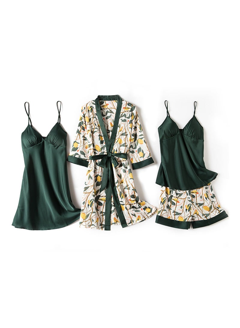 4pcs ice silk pajamas suspenders long sleeve thin silk printed pajamas set - Image 1