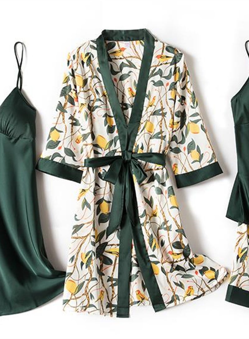 4pcs ice silk pajamas suspenders long sleeve thin silk printed pajamas set - Image 4