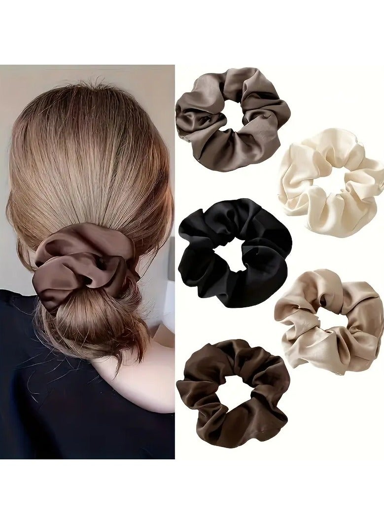 Ucanbe 5pcs Elegant Satin Hair Scrunchies for Girls - Solid Color Knit Style Hair Ties, Soft and Silky Smooth Fabric, Perfect for Parties and Festivals, Cream White, Black, Taupe, Beige, Brown, Hair Accessories for Girls  - Image 1