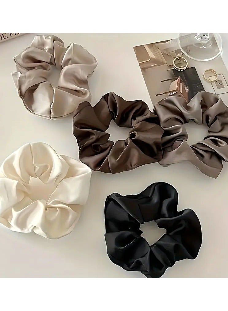 Ucanbe 5pcs Elegant Satin Hair Scrunchies for Girls - Solid Color Knit Style Hair Ties, Soft and Silky Smooth Fabric, Perfect for Parties and Festivals, Cream White, Black, Taupe, Beige, Brown, Hair Accessories for Girls  - Image 4