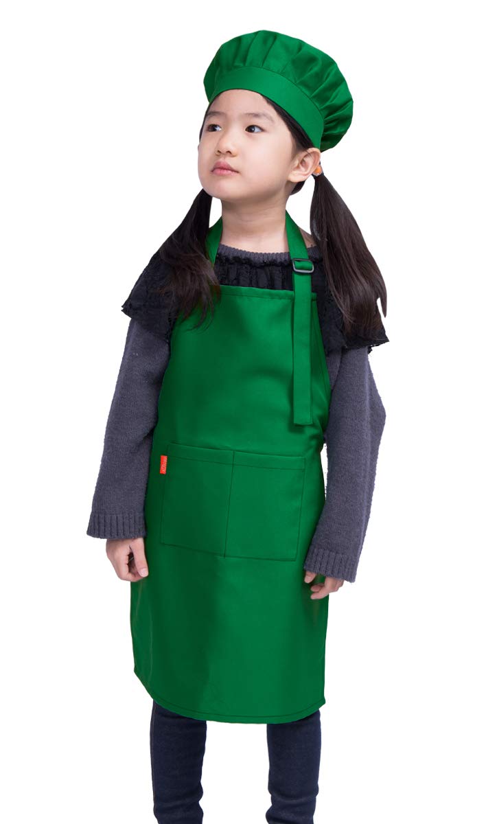 ALIPOBO Kids Apron and Chef Hat Set Childrens Adjustable Bib Apron with 2 Pockets Cute Boys Girls Kitchen Apron for Cooking Baking Painting Training Wear 612 Year Green