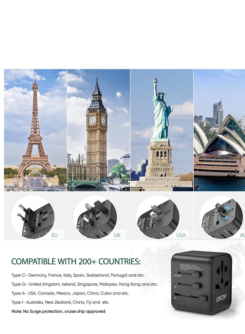 Lencent Universal Travel Adaptor Plug with 2 USB Ports, LENCENT International Power Adapter with UK/USA/EU/AUS Plug, Mini & Compact, All-in-One Worldwide Travel Charger for Over 200 Countries, Black - Image 3