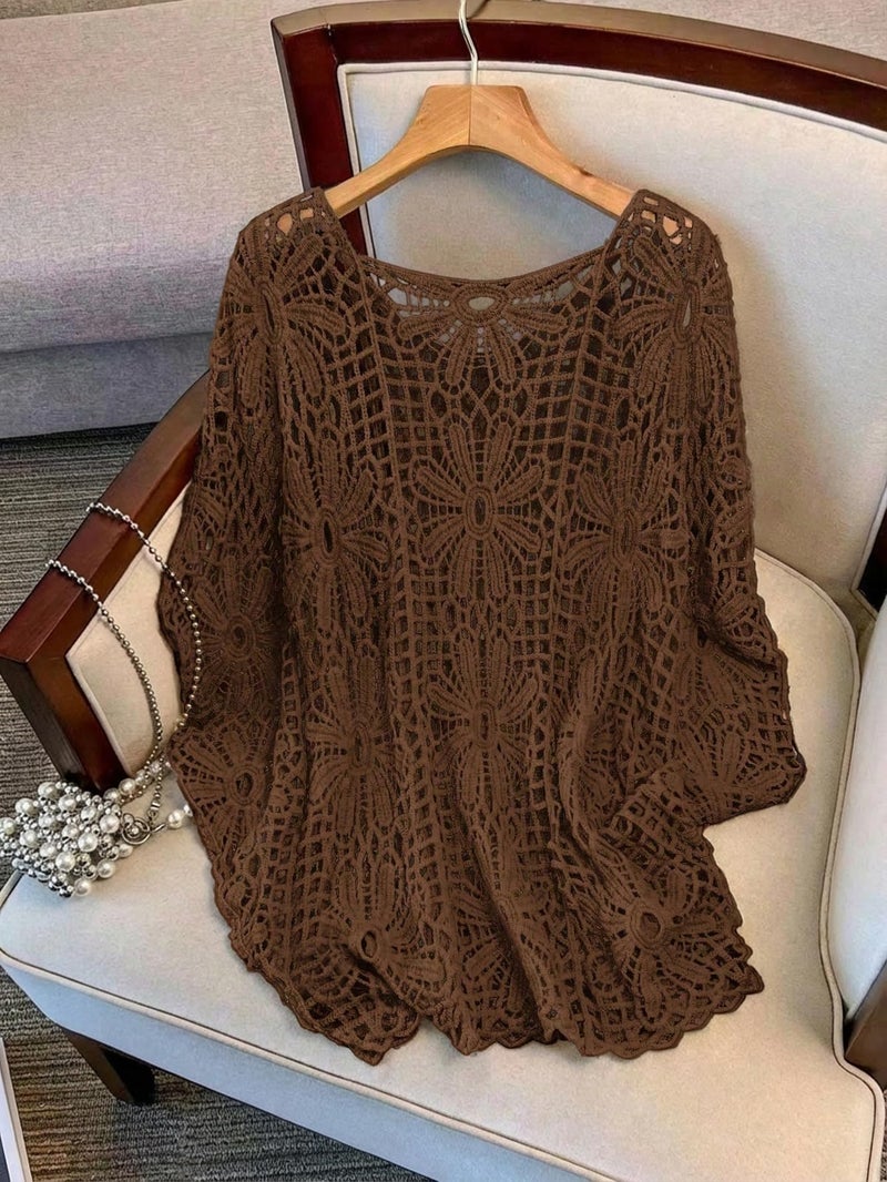 MakeMeChic Women's Plus Size Crochet Tops Floral Dolman Sleeve Summer Spring Top Brown Large Plus - Image 3