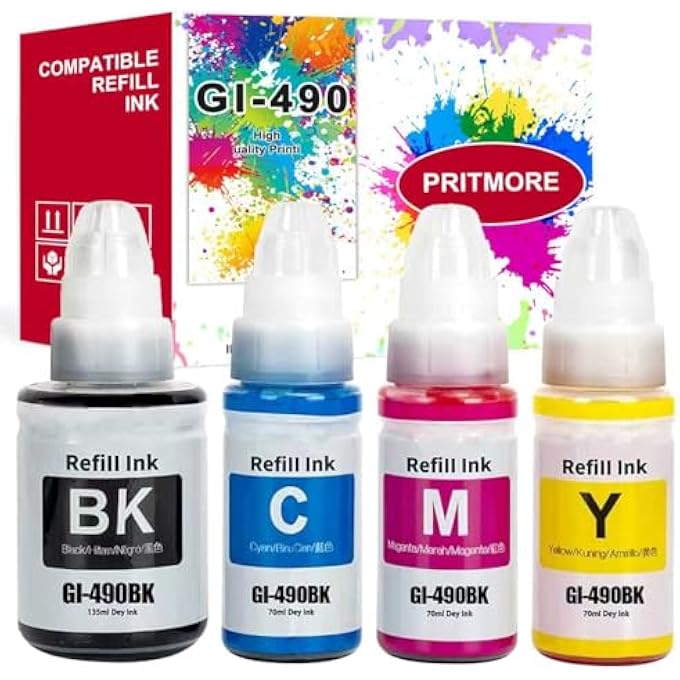 زجاجة حبر GI-490 متوافقة لإعادة التعبئة لحبر كانون GI 490 عالي الإنتاجية لطابعات PIXMA G3400 G2400 G1400 G4400 G1411 G2411 G3411 G4411 G4410 G3410 (عبوة 4 - أسود، أزرق، وردي، أصفر) - Image 2