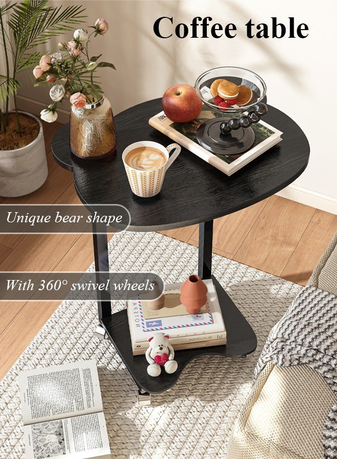 X spring Panda design black side service table-double-layer storage End side table with C design and 360° swivel wheels-living room/bedroom mobile coffee table-practical and modern service tables - Image 1