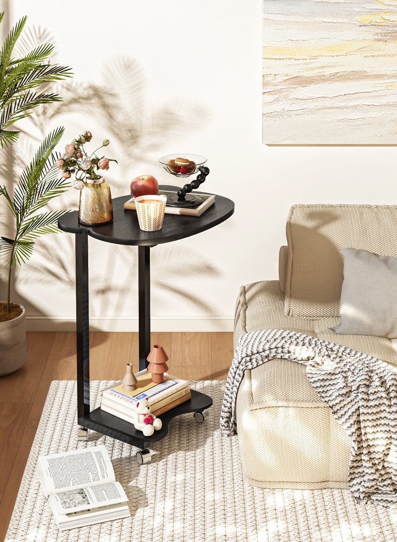 X spring Panda design black side service table-double-layer storage End side table with C design and 360° swivel wheels-living room/bedroom mobile coffee table-practical and modern service tables - Image 2