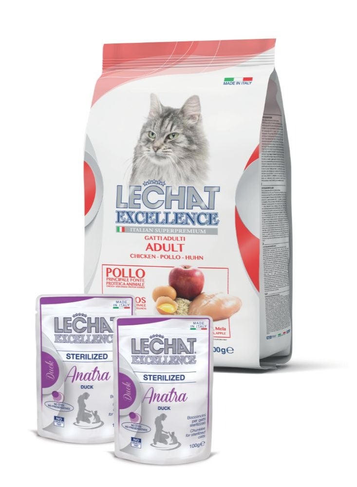 LeChat Excellence by Monge | Premium Sterilised Cat Dry & Wet Food with Duck Bundle – Daily Balanced & Complete Nutrition with High-Quality Protein & Natural Ingredients