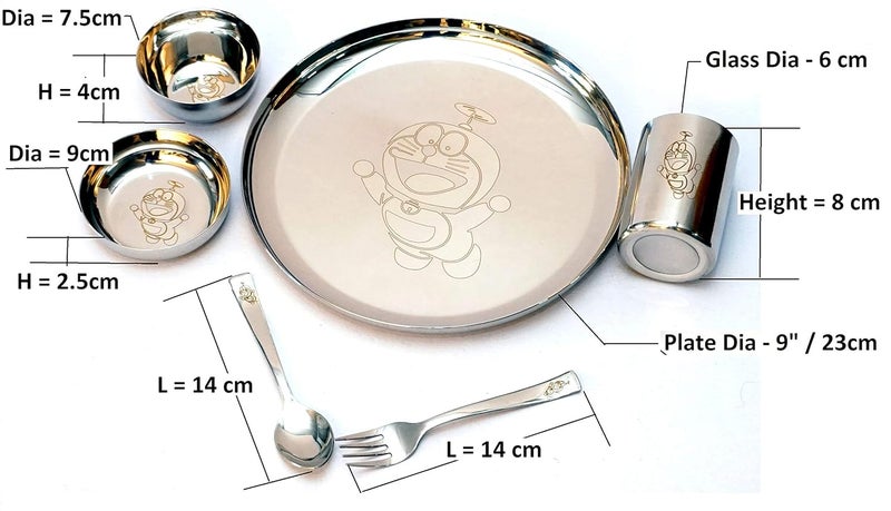 Kneaders Kneaders Laser Print Stainless Steel Round Lunch Dinner Set for Kids 1 Plate 1 Curry Bowl 1 Dessert Plate 1 Glass 1 Spoon 1 Fork 6 Piece Set Doremon  - Image 3