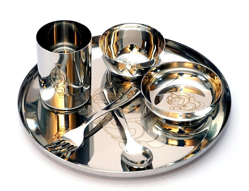 Kneaders Kneaders Laser Print Stainless Steel Round Lunch Dinner Set for Kids 1 Plate 1 Curry Bowl 1 Dessert Plate 1 Glass 1 Spoon 1 Fork 6 Piece Set Doremon  - Image 2