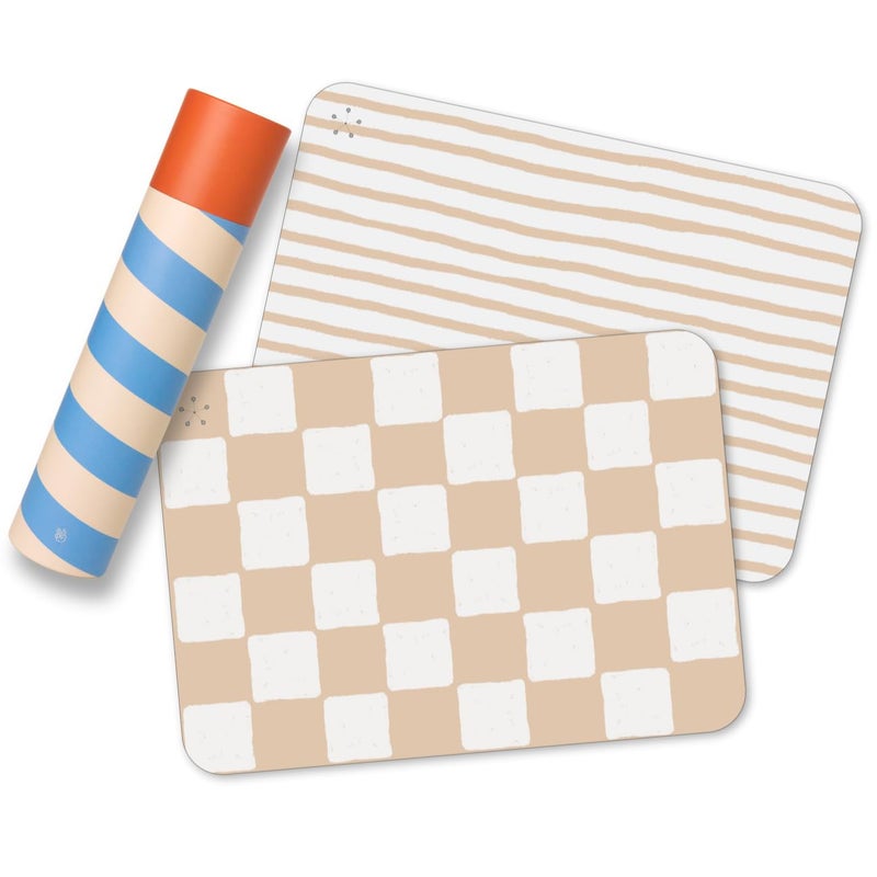 APLAINR Proud Placemats, Silicone Placemats for Babies, Toddlers & Kids, Activity Mats for Children, Checkered and Stripe Patterns, Non Slip, 16 x 12 inch, Set of 2, Oat Cream - Image 1