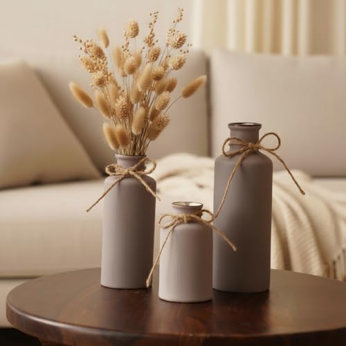 PUREZENTO Vintage Roman Bottle Vase 3Pcs Ceramic Vases, Rustic Beautiful Decorative Flower Vases Set for Modern Farmhouse Decoration, Living Room, Table, Bookshelf, Mantel and Entryway Decor (Purple) - Image 2