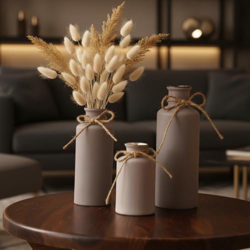PUREZENTO Vintage Roman Bottle Vase 3Pcs Ceramic Vases, Rustic Beautiful Decorative Flower Vases Set for Modern Farmhouse Decoration, Living Room, Table, Bookshelf, Mantel and Entryway Decor (Purple) - Image 1