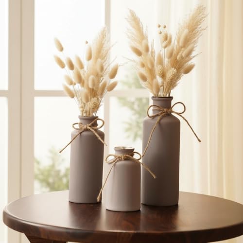 PUREZENTO Vintage Roman Bottle Vase 3Pcs Ceramic Vases, Rustic Beautiful Decorative Flower Vases Set for Modern Farmhouse Decoration, Living Room, Table, Bookshelf, Mantel and Entryway Decor (Purple) - Image 4