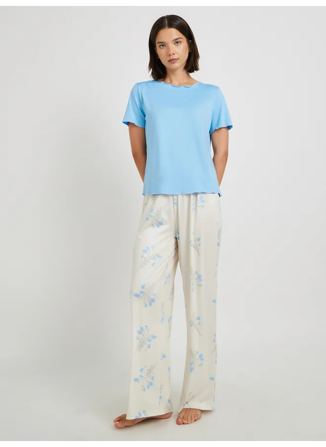 تايك تو Take Two Solid Lettuce Hem T-Shirt and Floral Printed Pyjama Set
