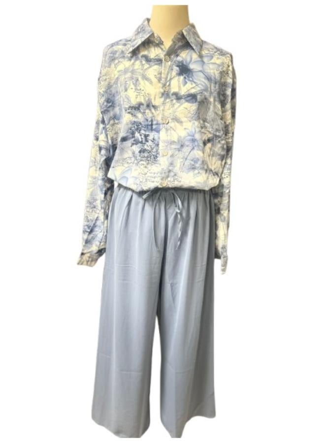 Women's 2pc Set Cotton Linen Clothes Wide Leg Pants and Long Sleeve Tops Fit Medium-Large  - Image 1